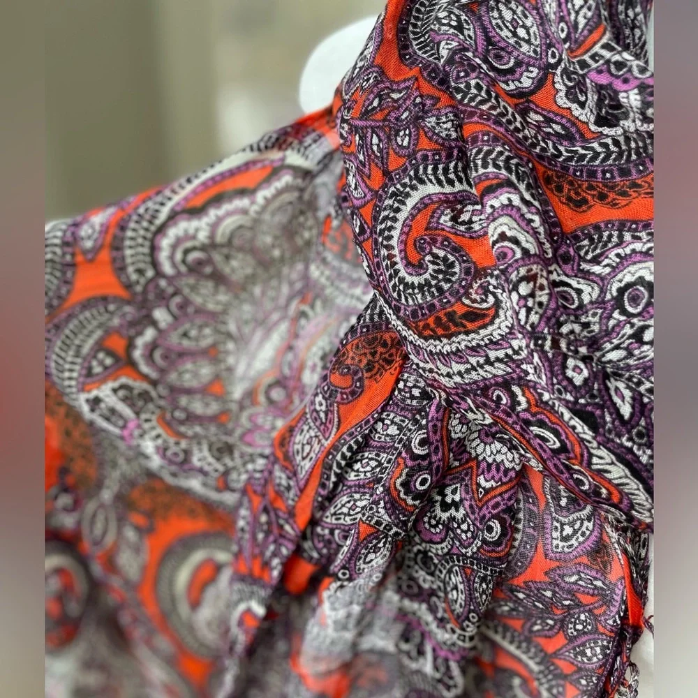 The Limited Violet Orange White Paisley Print Sheer Fringe Wrap Scarf